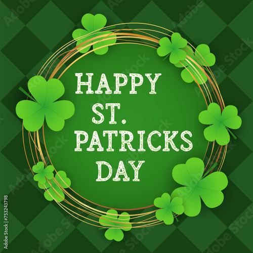 happy Saint Patrick's Day card poster, party invitation template, background, wallpaper, banner, template, web. green clover, golden horseshoe for good luck