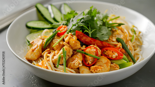 Fresh chicken pad thai dish close-up