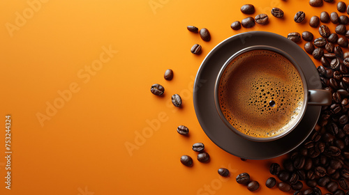 Cappuccino coffee cup and beans on a orange background