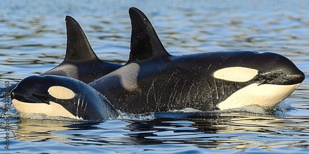Fototapeta premium An Orca Emerges, Splendid and Majestic, Amidst a Sprinkling of Water Droplets, Capturing the Essence of the Oceans Grandeur, Generative AI