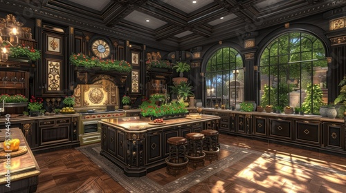 a large kitchen with a lot of windows and a lot of counter space with a lot of plants in it. photo