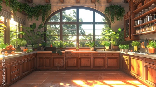 a kitchen filled with lots of wooden cabinets and lots of potted plants on top of a window sill. photo