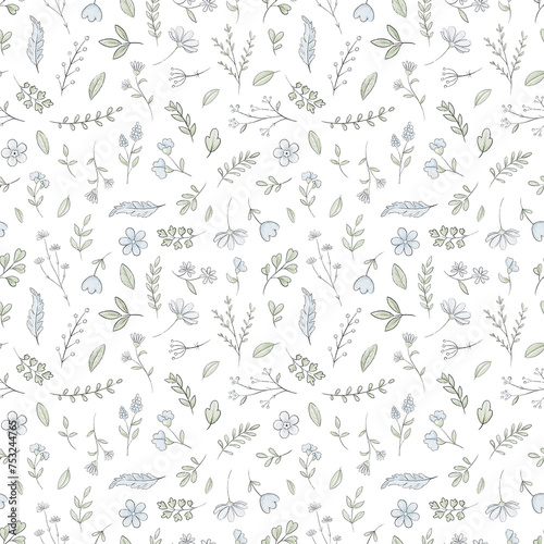 Seamless pattern with varied simple small flowers, plants and leaves isolated on white background. Watercolor hand drawn illustration