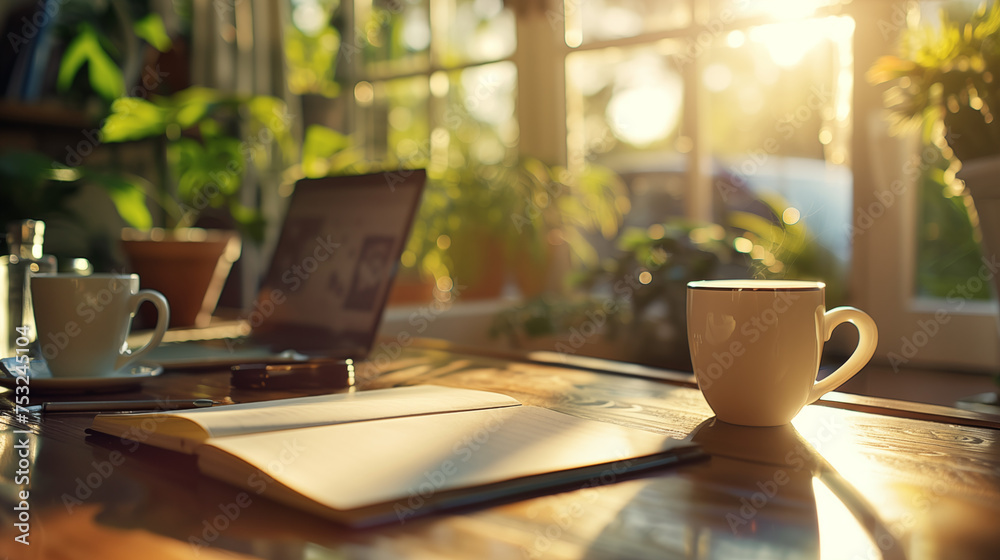 Clean desk with a notebook and a cup of coffee