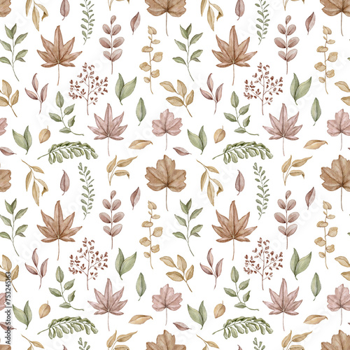 Seamless pattern with autumn varied leaves and plants isolated on white background. Watercolor hand drawn illustration