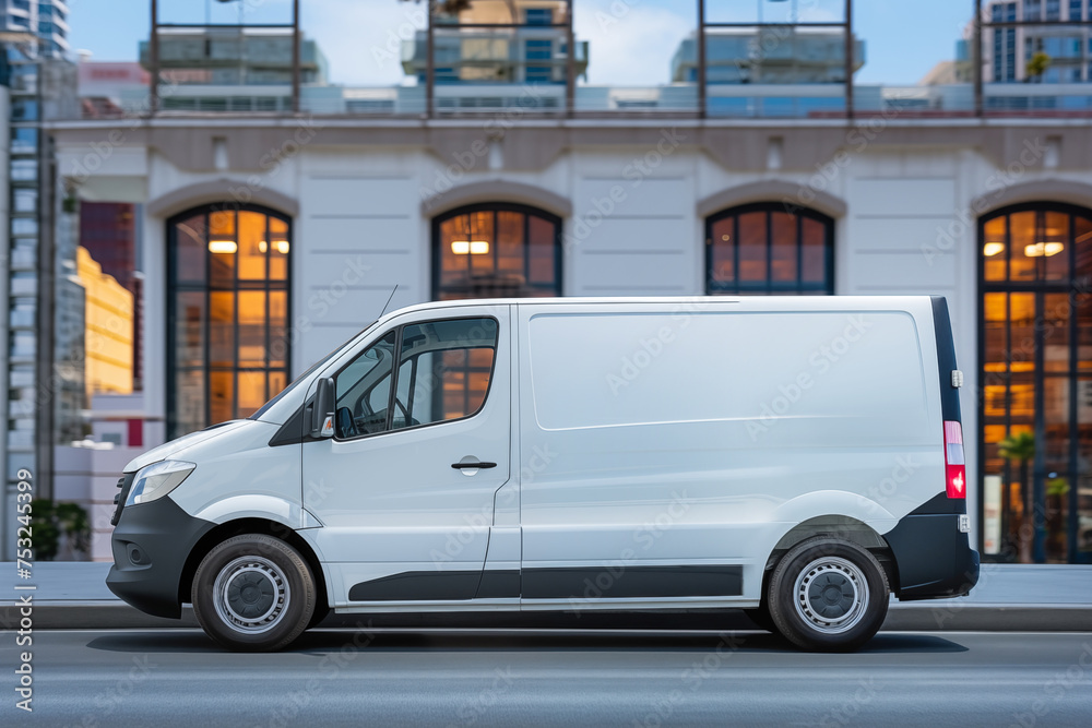 White delivery van in urban cityscape, courier service. Side View
