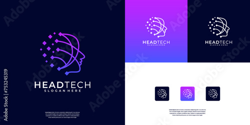 Human tech or people digital technology, artificial intelligence head tech icon robotic logo design inspiration.