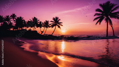 Envision a tropical beach at sunset, where the sky is painted in warm hues of orange, pink, and purple. Palm trees cast long shadows on the sand, and the gentle waves catch the colors of the setting © Farhan