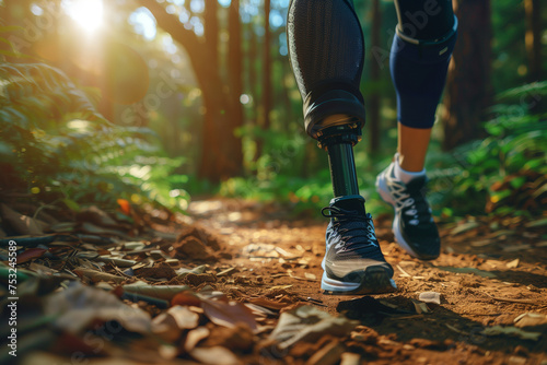 A woman with a prosthetic leg is running through a forest. Concept of determination and resilience, as the woman overcomes her physical limitations to enjoy the outdoors