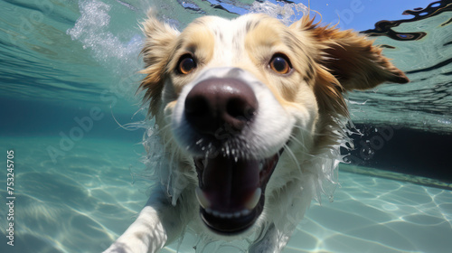 Illustration of a beautiful smiling dog under the surface of crystal clear water in a swimming pool