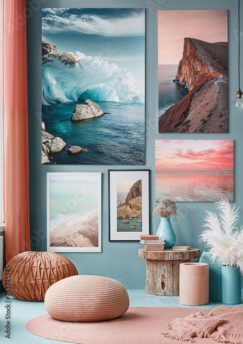 Wallart artwork on wall, interior design style composition photo, beautiful minimalist interior design with pristine designer layout and natural beautiful colours, including blue, pastel and white.