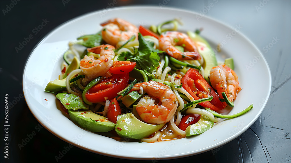 Fresh shrimp and avocado salad on plate