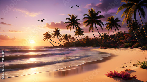 Envision a tropical beach at sunset  where the sky is painted in warm hues of orange  pink  and purple. Palm trees cast long shadows on the sand  and the gentle waves catch the colors of the setting