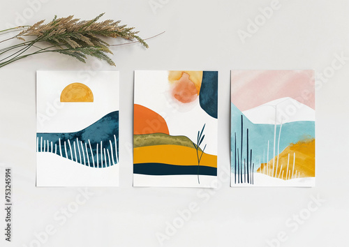 3 Wallart prints on the wall, bright bold boho colours, simple minimalist designs, beautiful, clean artwork, on white background, natural color, minimal