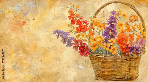 a painting of colorful flowers in a basket on a yellow and brown background with a brown basket of flowers on the right side of the painting. photo