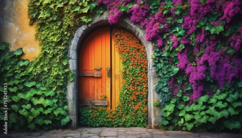 Wooden door surrounded by green ivy and plants. 