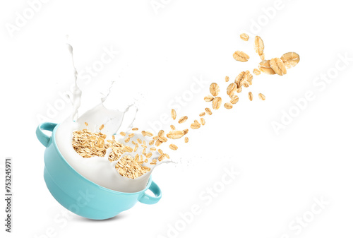 Photography Pot with raw oatmeal on white background