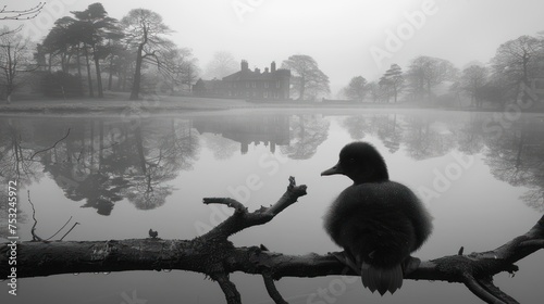 a black and white photo of a duck sitting on a branch in front of a lake with a house in the background. photo