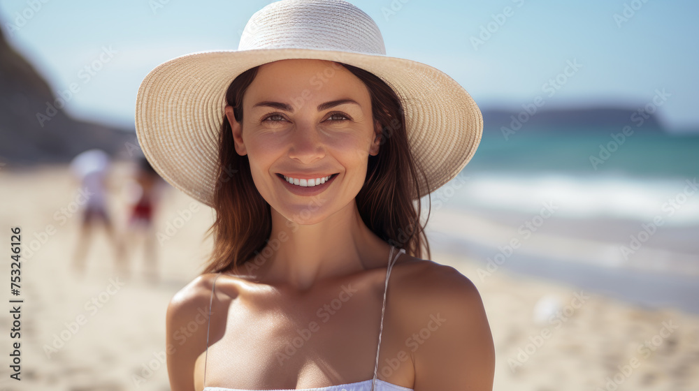 Portrait of young woman with straw hat on beach