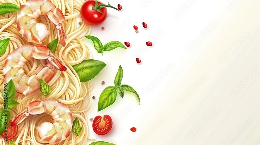 a pasta dish with shrimp, tomatoes, and basil on a white background with a green leafy border around it. a pasta dish with shrimp, tomatoes, and basil on a white background with a green leafy border around it.