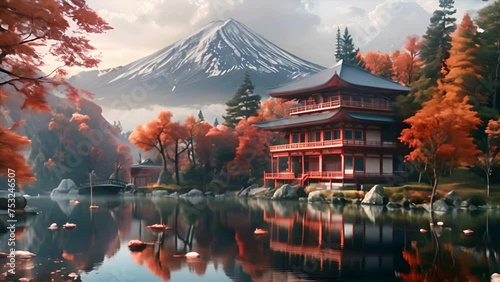 Serene Japanese temple with Mount Fuji, koi, sakura.generative ai photo
