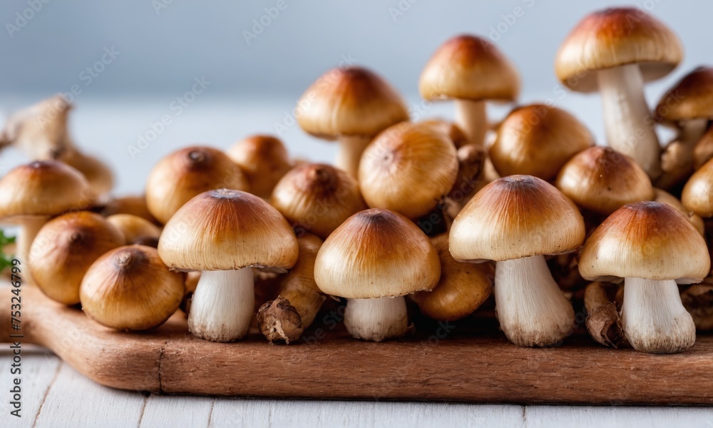 Fresh shimeji mushrooms on a wooden board. Selective focus Fresh shimeji mushrooms on a wooden board. Selective focus