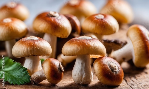 Fresh shimeji mushrooms on a wooden board. Selective focus