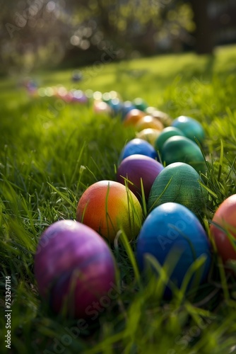 Easter s Palette  A Colorful Assortment of Dyed Eggs Hidden Amongst the Lush Green Blades
