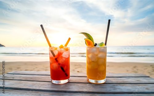 Cocktails on the beach at sunset summer vacation concept