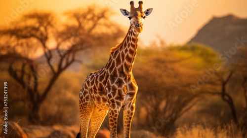 Beautiful giraffe standing in the scenic savannah landscape with trees and blue sky background