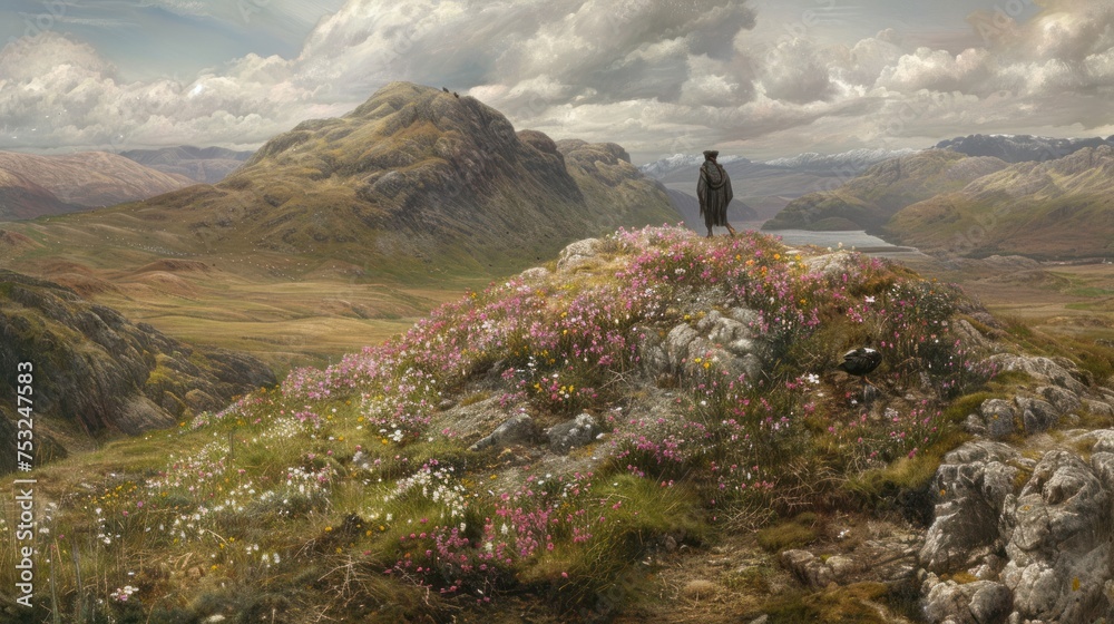 a painting of a man standing at the top of a hill with a view of a lake and mountains in the background.