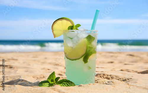 This vibrant image showcases a refreshing summer mojito on a sandy beach with the ocean waves in the background