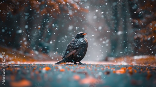 a black bird sitting on a road in the middle of a forest with snow falling on the ground and trees in the background. photo