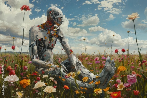 A surreal scene depicting a field of vibrant flowers blooming around a broken human sculpture, symbolizing life emerging from adversity photo