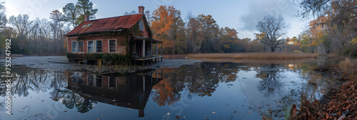Columbia, South Carolina, USA,
Beautiful fishing cabin lake automne orange and red image photo