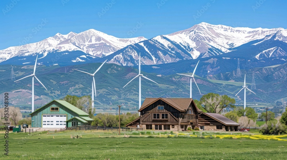 a farm with a barn and windmills in the background with snow - capped mountains in the foreground and a field of green grass and yellow flowers in the foreground.
