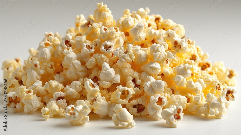 a pile of popcorn sitting on top of a white table next to a pile of other popcorn on top of a white table.