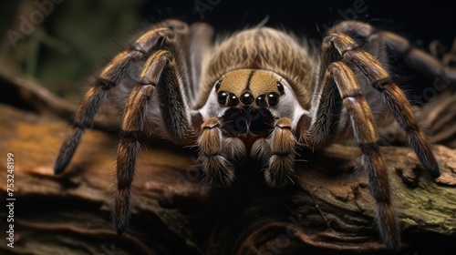 Close up of a tarantula spider on a dark background. Tarantula spider. Wildlife Concept with Copy Space. 