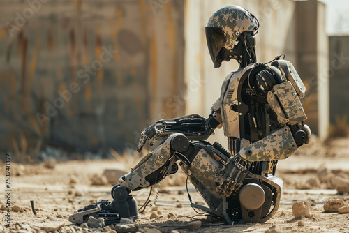 A robot with a gun on its head is standing in front of a crowd of people. The robot is wearing a camouflage suit and has a menacing look on its face. The scene is set in a city