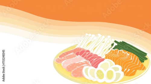a plate of meats and vegetables on a plate with an orange background and a picture of a plate of meats and vegetables on a plate.