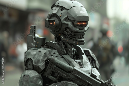 A robot with a gun on its head is standing in front of a crowd of people. The robot is wearing a camouflage suit and has a menacing look on its face. The scene is set in a city