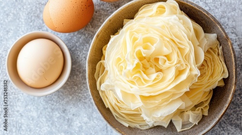 a bowl of noodles next to an egg and a bowl of eggs on a table with a gray table cloth. photo