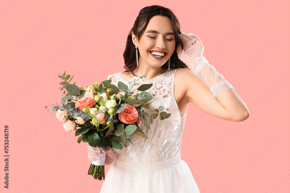 Beautiful bride with wedding bouquet on pink background Beautiful bride with wedding bouquet on pink background