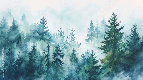 Foggy blue fir forest watercolor sketch