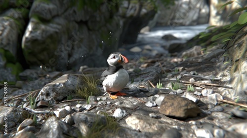 a small bird sitting on a rocky area next to a stream and a rocky area with a stream running through it. © Anna