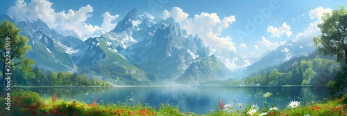 lake in the mountains 3d image, Beautiful Landscape Illustration