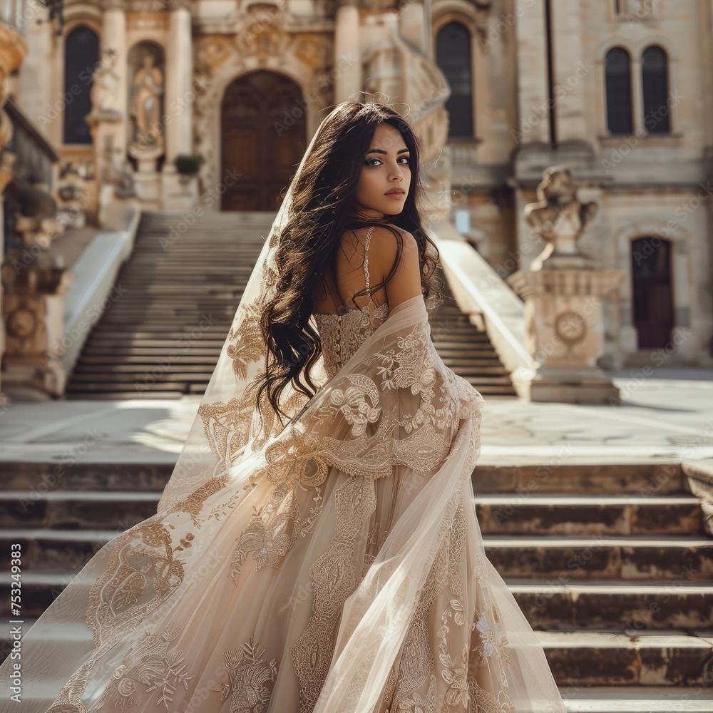 A breathtaking bride in a beige dress with cathedral backdrop basking in the golden sunlight A breathtaking bride in a beige dress with cathedral backdrop basking in the golden sunlight