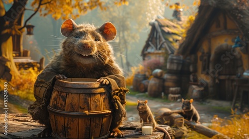 a rat sitting in a barrel next to a cat and a cat on a log in front of a house.