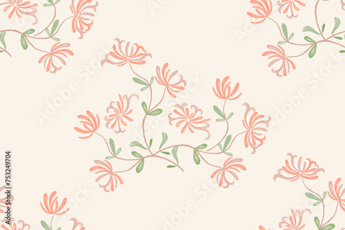 Pink flower pattern seamless background border frame. Vector illustration hand drawn peach pink honeysuckle floral with branches leaves. 