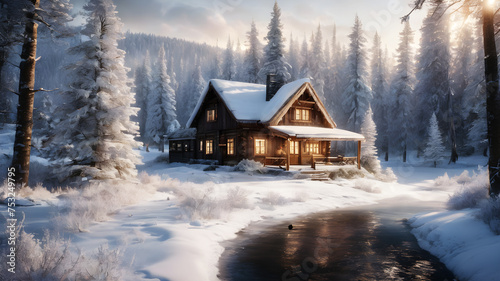 Describe a picturesque winter scene with snow-covered landscapes. A quiet forest blanketed in snow, with tree branches glistening in the soft sunlight. In the distance, a cozy cabin emits a warm light